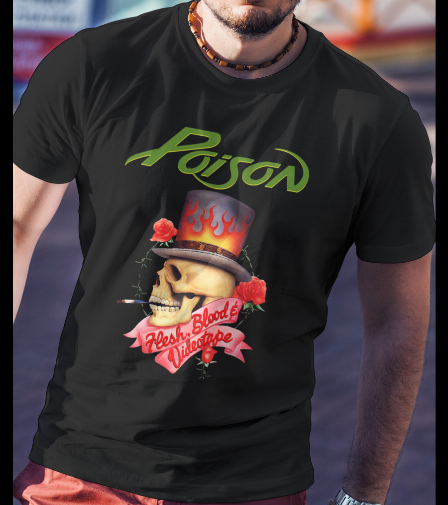 Poison Flesh Blood & Videotape Skull With Roses And Cigarette T-Shirt