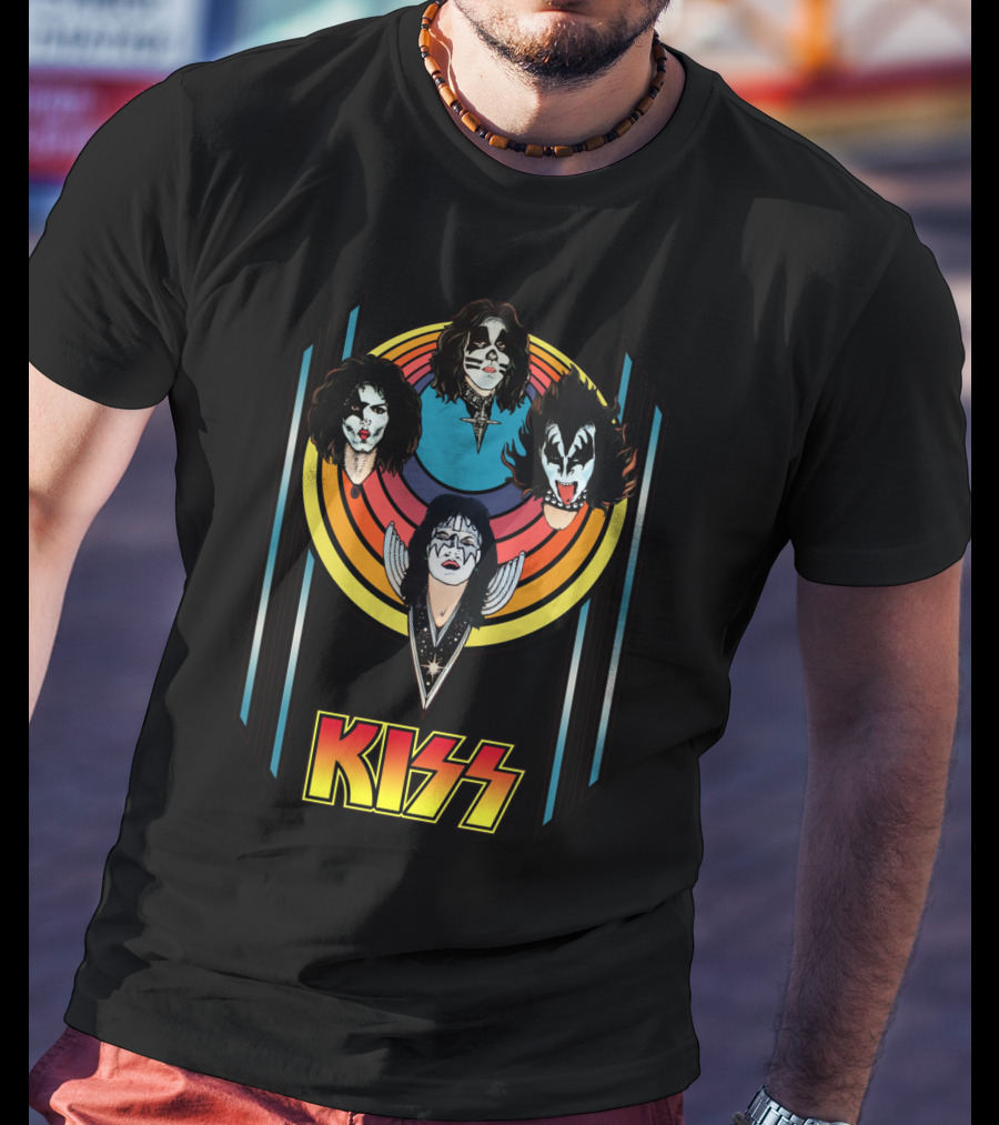 Kiss Band Iconic Faces With Colorful Stripes Retro Style T-Shirt