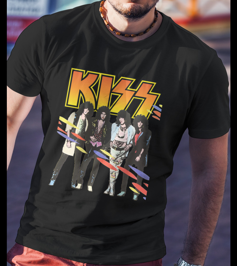 Kiss Band Retro Look With Colorful Stripes T-Shirt