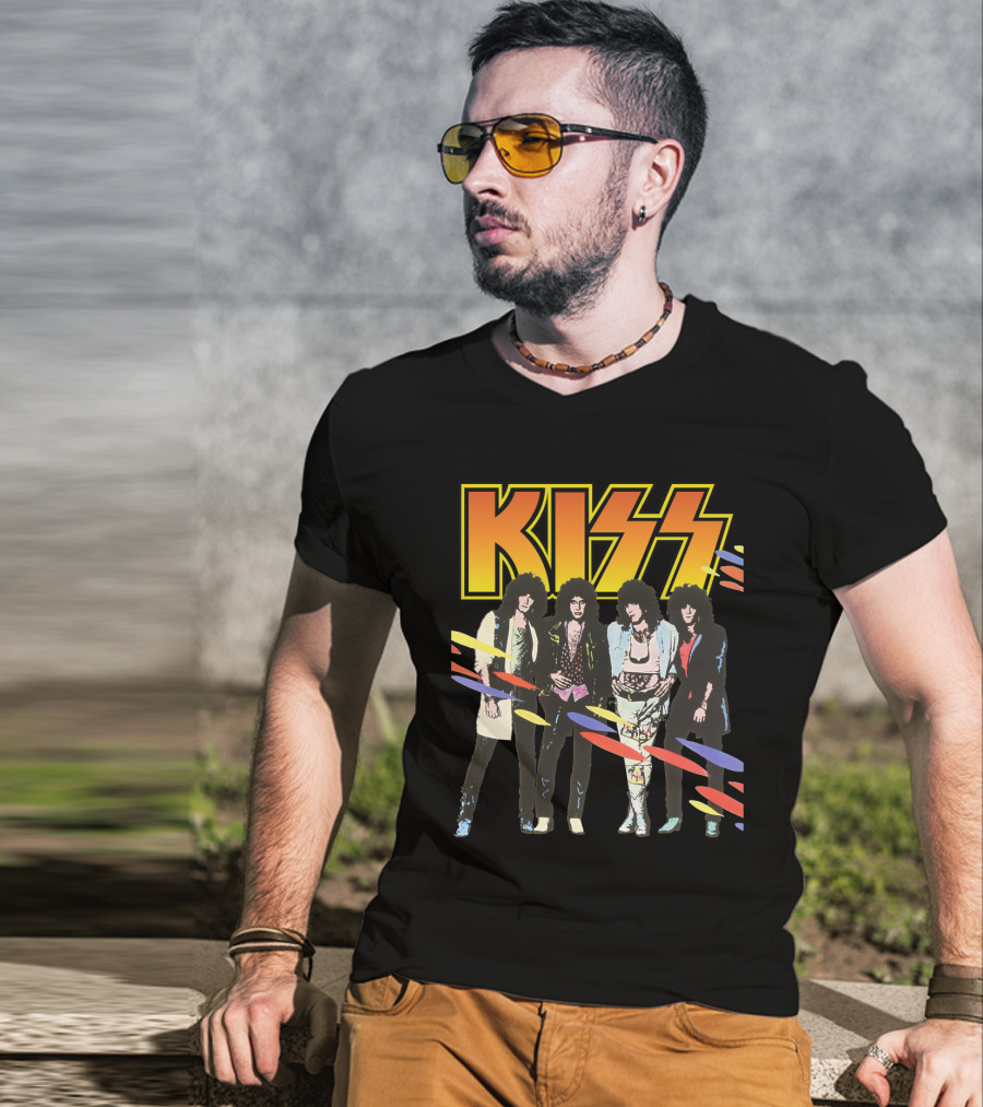 Kiss Band Retro Look With Colorful Stripes T-Shirt