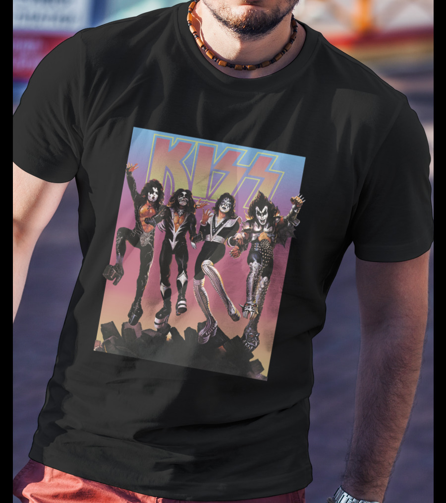 Kiss Band Characters With Bold Logo And Colorful T-Shirt