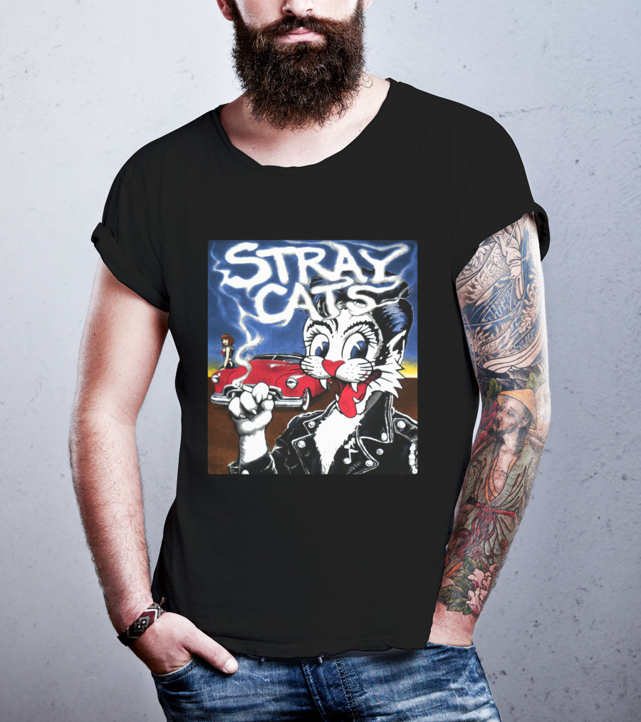 Stray Cats Rockabilly Band Retro Art With Cat Smoking In Leather Jacket T-Shirt