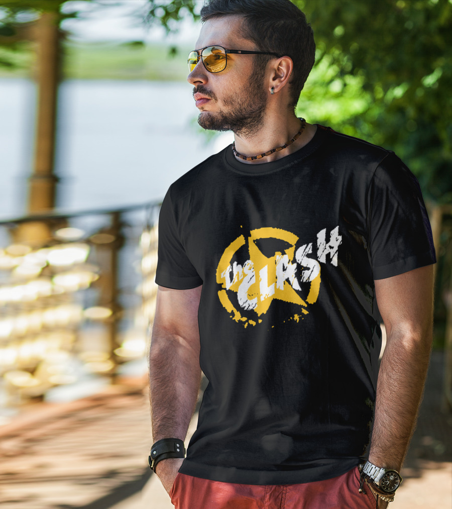 The Clash Star Logo Distressed Style Yellow And White T-Shirt