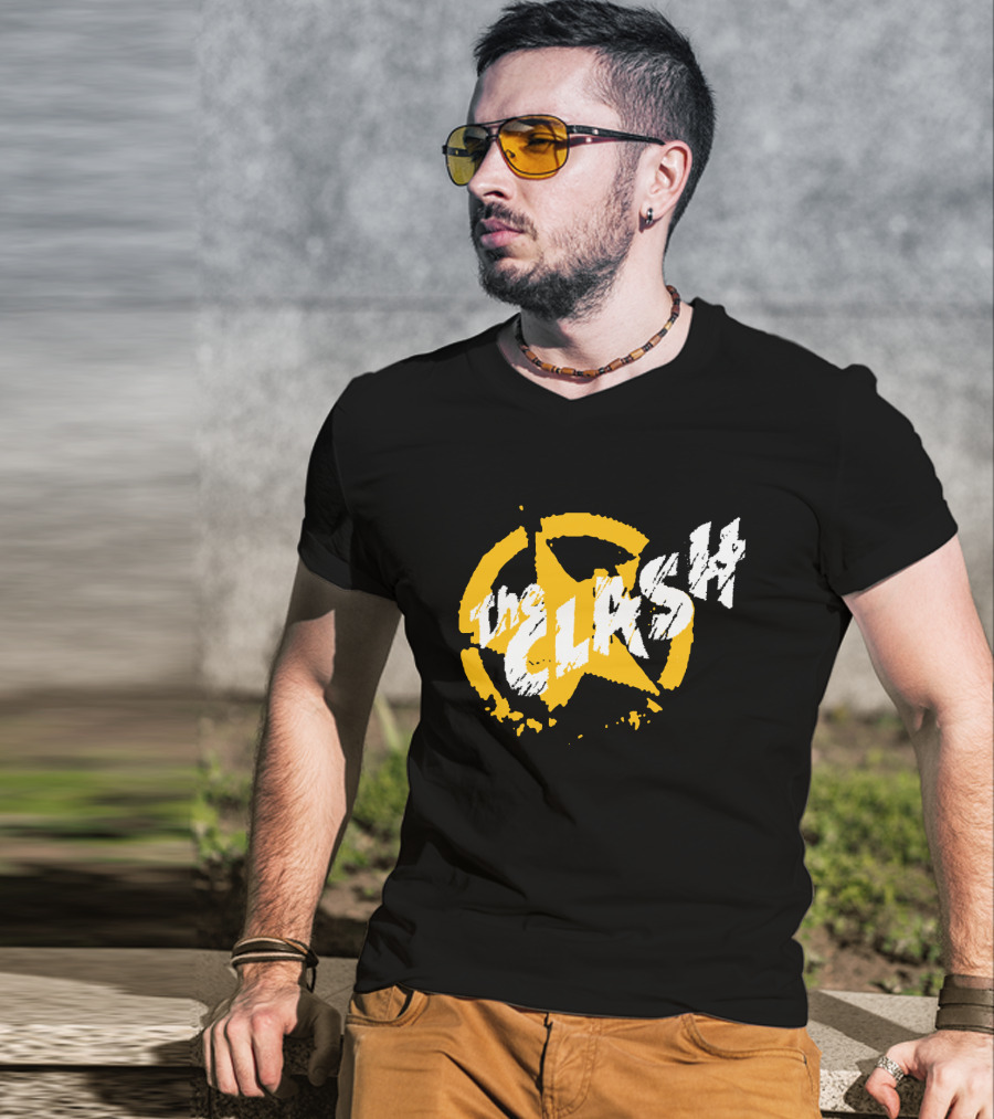 The Clash Star Logo Distressed Style Yellow And White T-Shirt