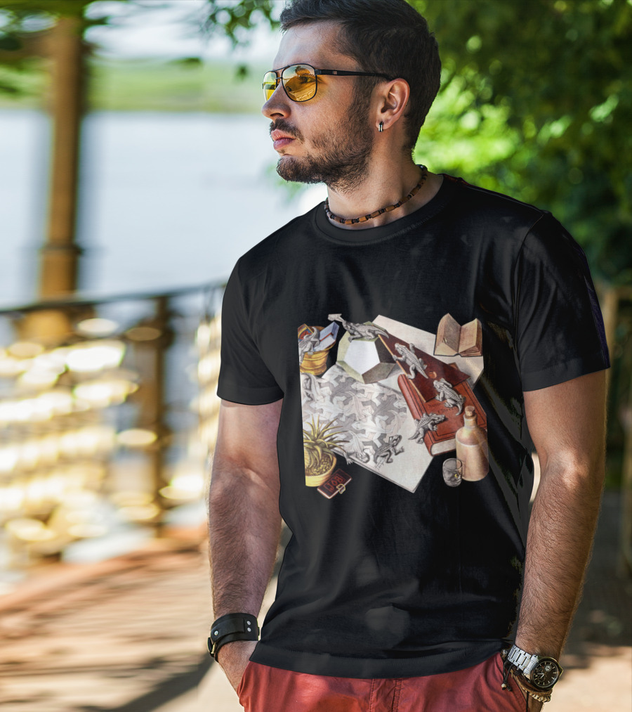 M.c. Escher 1988 Reptiles Optical Illusion Morphing Creatures Book And Geometric Patterns T-Shirt