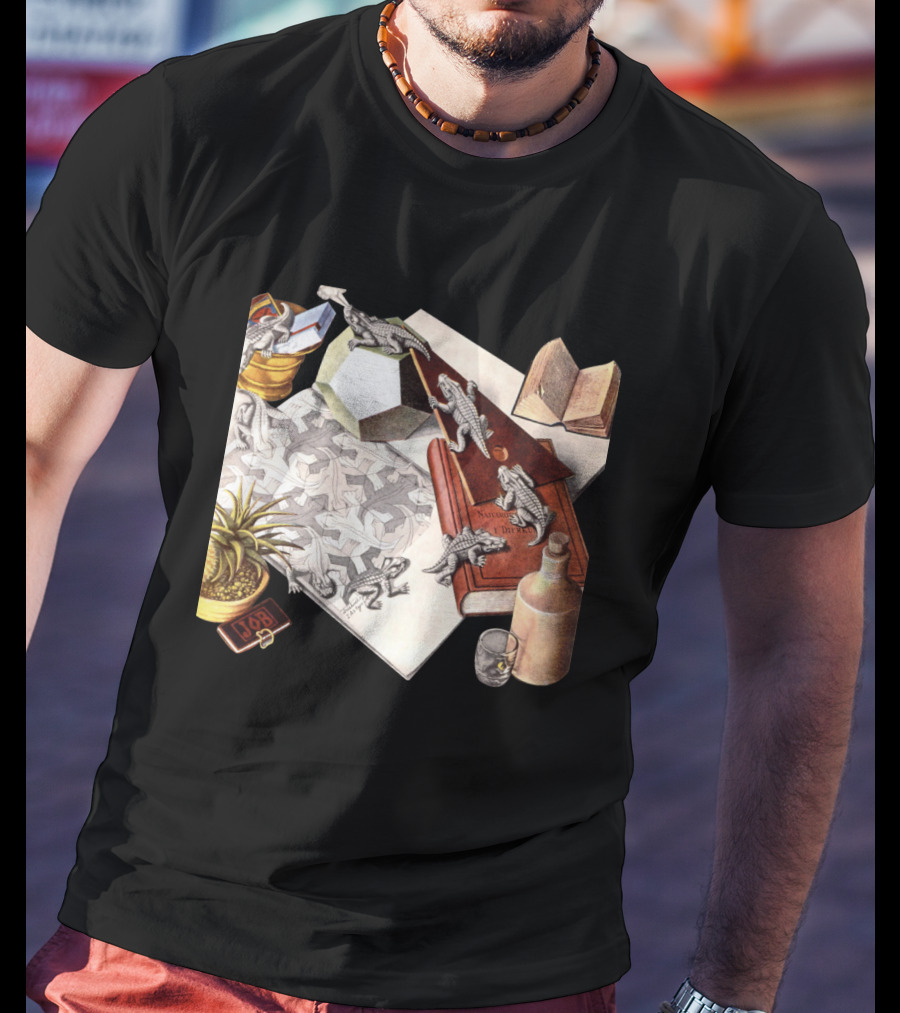 M.c. Escher 1988 Reptiles Optical Illusion Morphing Creatures Book And Geometric Patterns T-Shirt