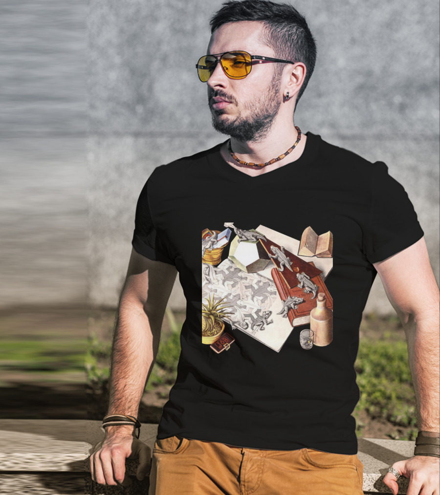 M.c. Escher 1988 Reptiles Optical Illusion Morphing Creatures Book And Geometric Patterns T-Shirt