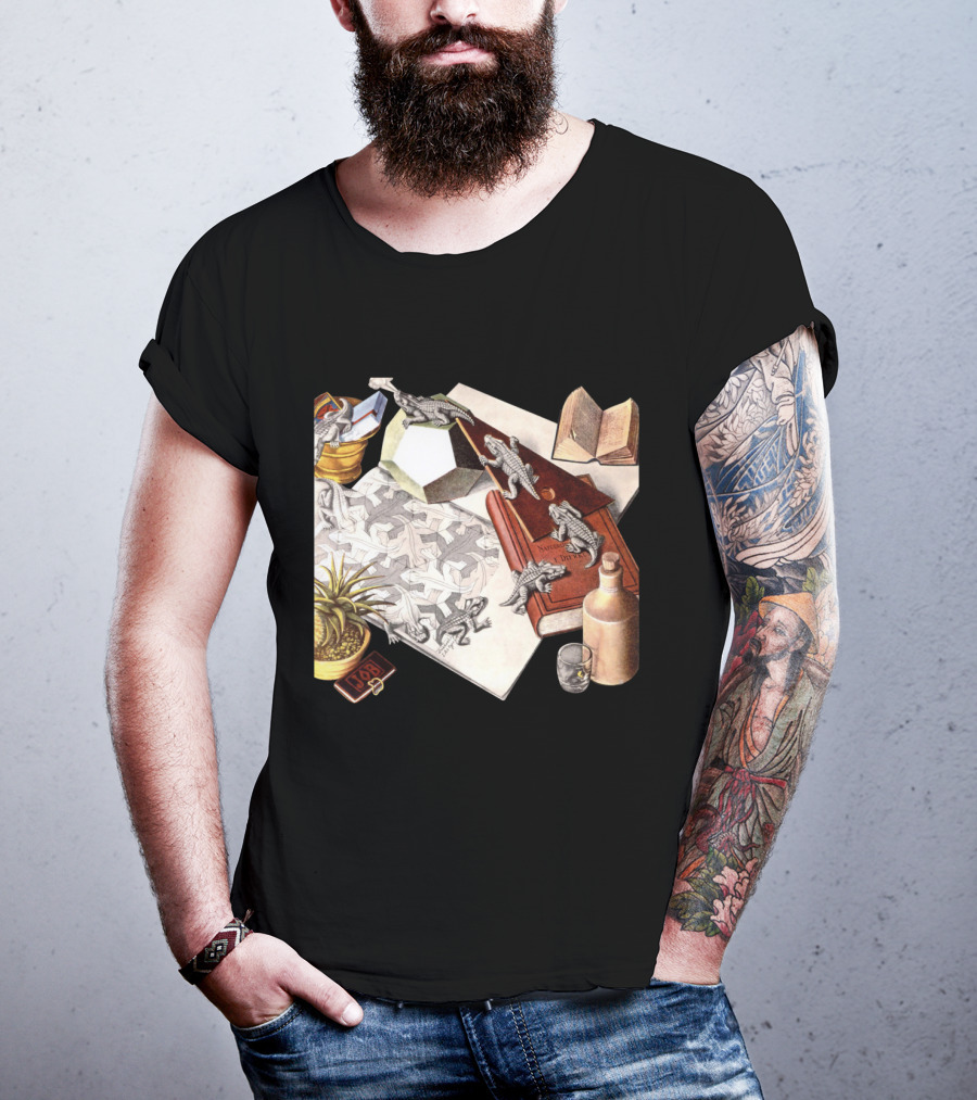 M.c. Escher 1988 Reptiles Optical Illusion Morphing Creatures Book And Geometric Patterns T-Shirt