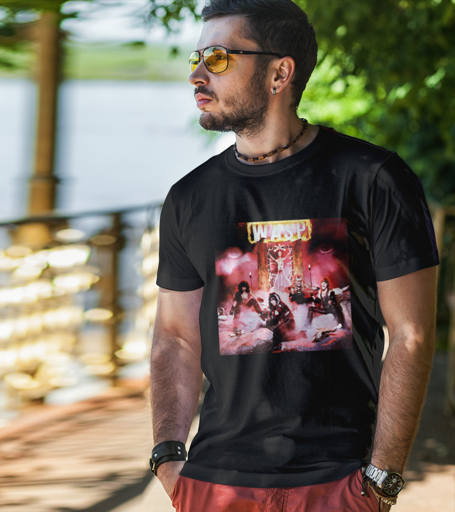 Wasp Burning Cross Skull Imagery Band Poster T-Shirt