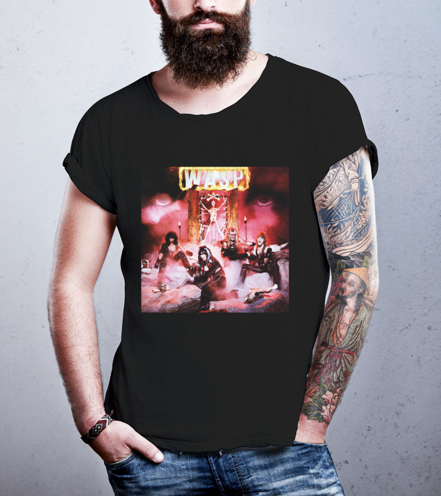 Wasp Burning Cross Skull Imagery Band Poster T-Shirt