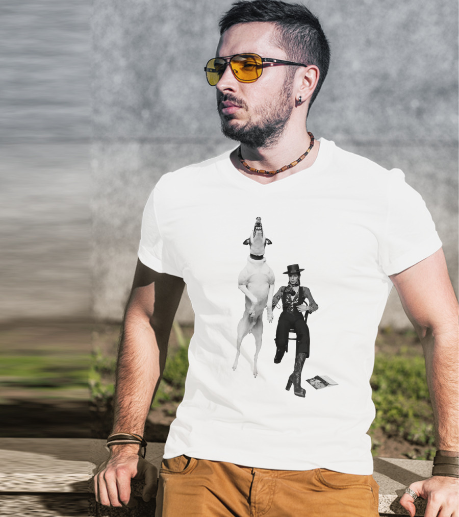 High Jumping Dog And Stylish Figure In Western Attire T-Shirt