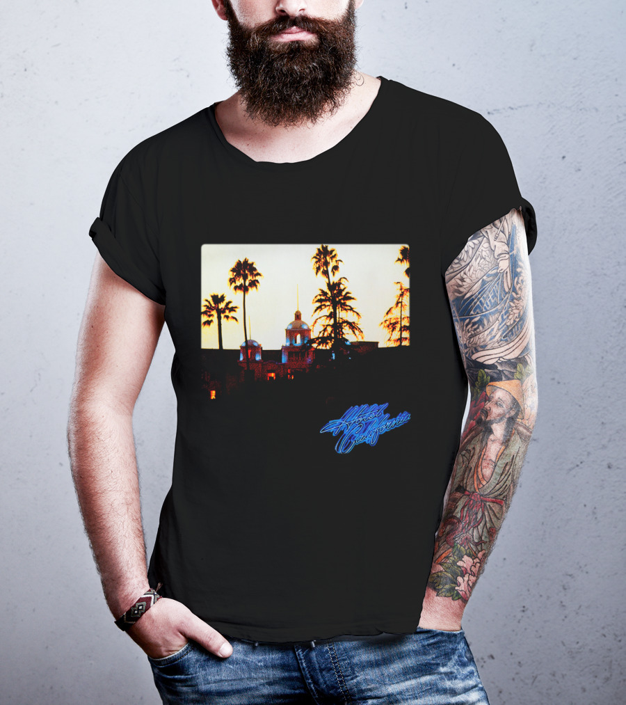 Hotel California Night Scene With Palm Trees And Neon Style T-Shirt