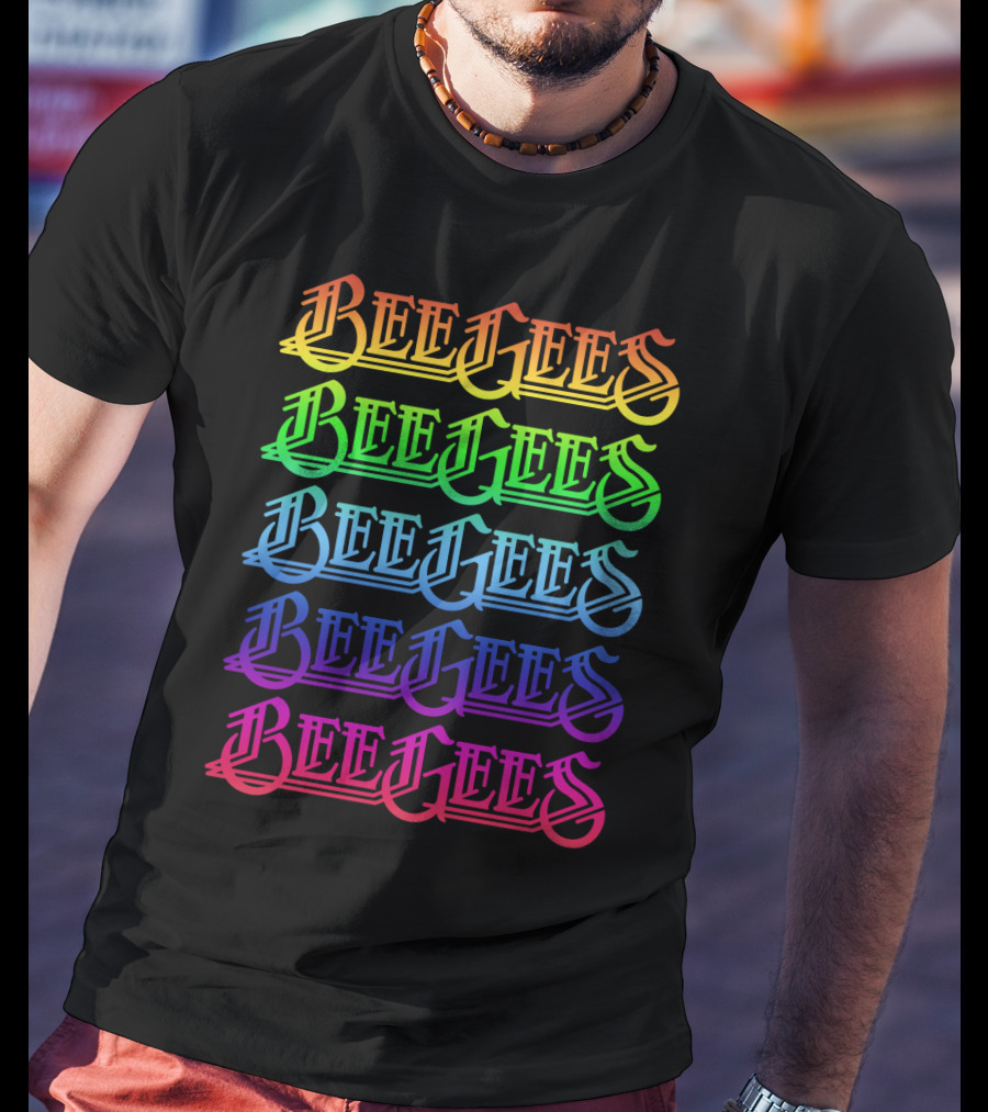 Bee Gees Rainbow Text Multi-Color Typography T-Shirt