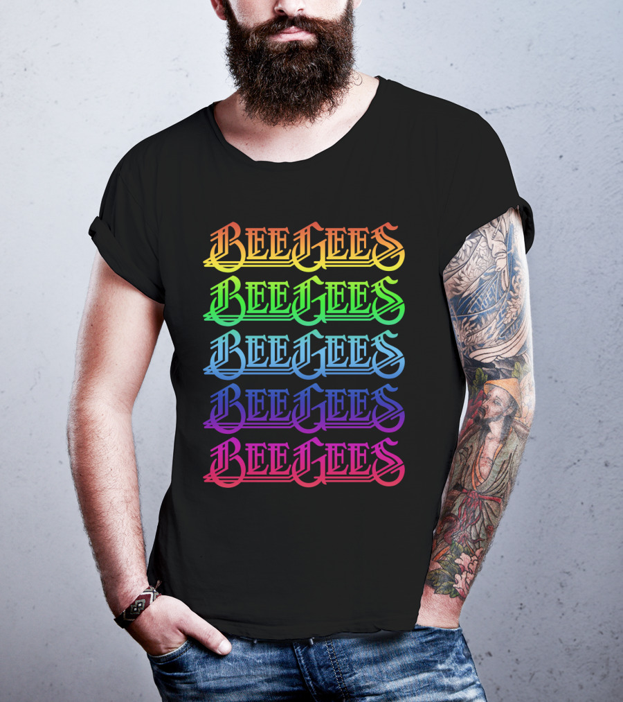 Bee Gees Rainbow Text Multi-Color Typography T-Shirt