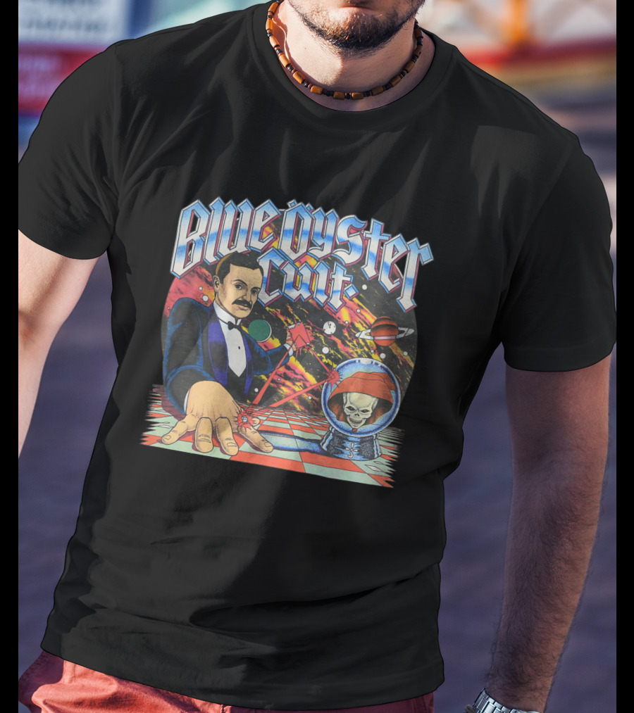 Blue Öyster Cult Science Fiction Cosmic Man And Alien Skull Planets T-Shirt