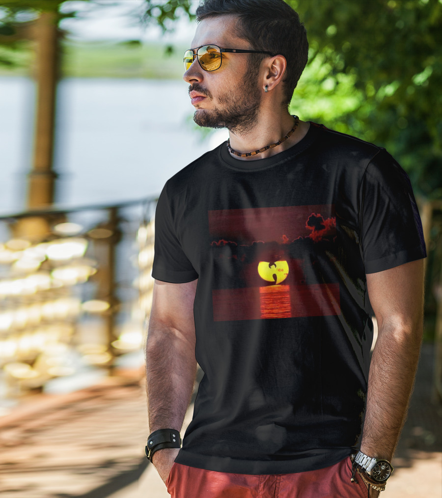 Wtc Sunset Reflection With Wu-Tang Clan Logo Silhouette Over Water T-Shirt