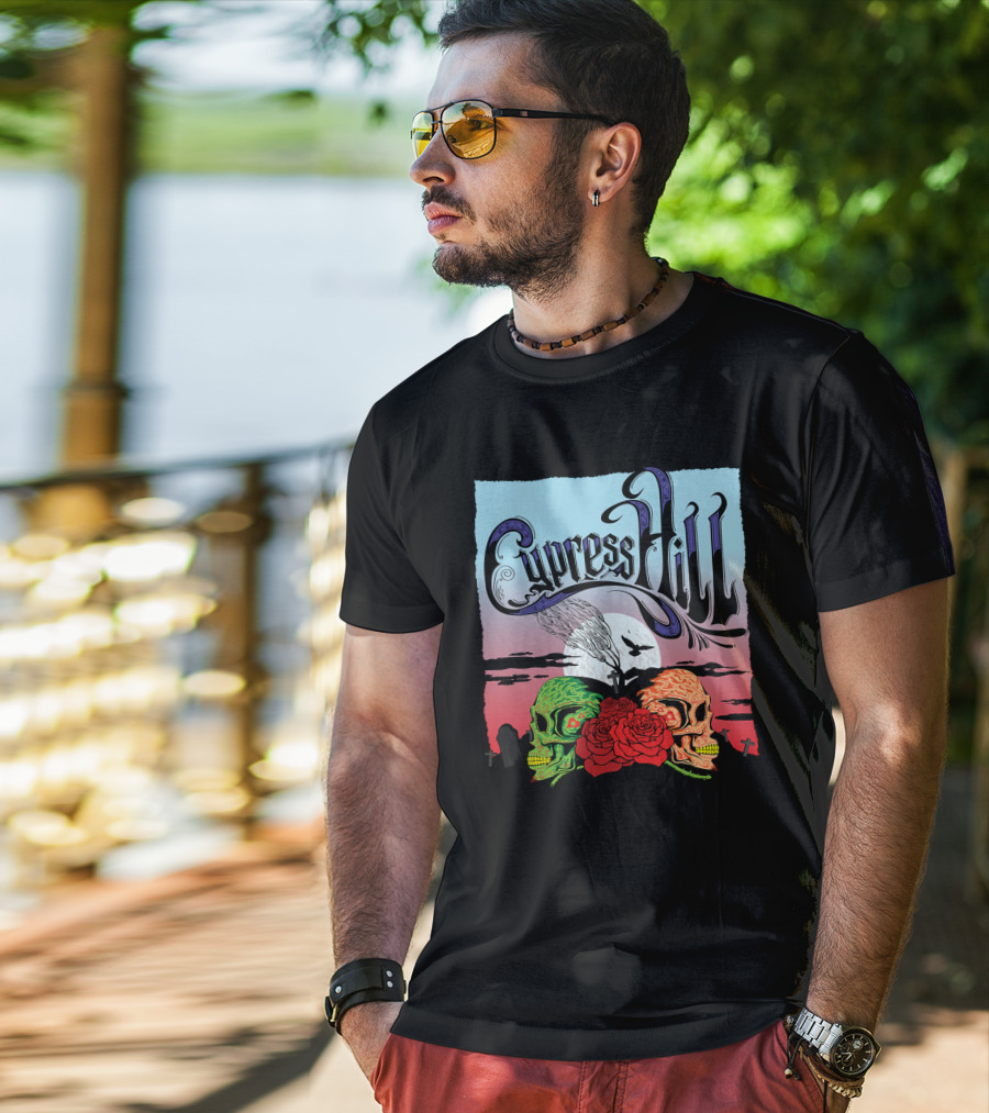 Cypress Hill Two Skulls And Roses With Moon And Raven T-Shirt