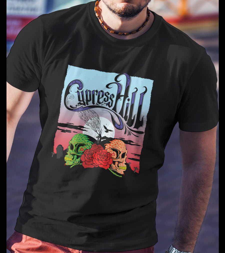 Cypress Hill Two Skulls And Roses With Moon And Raven T-Shirt