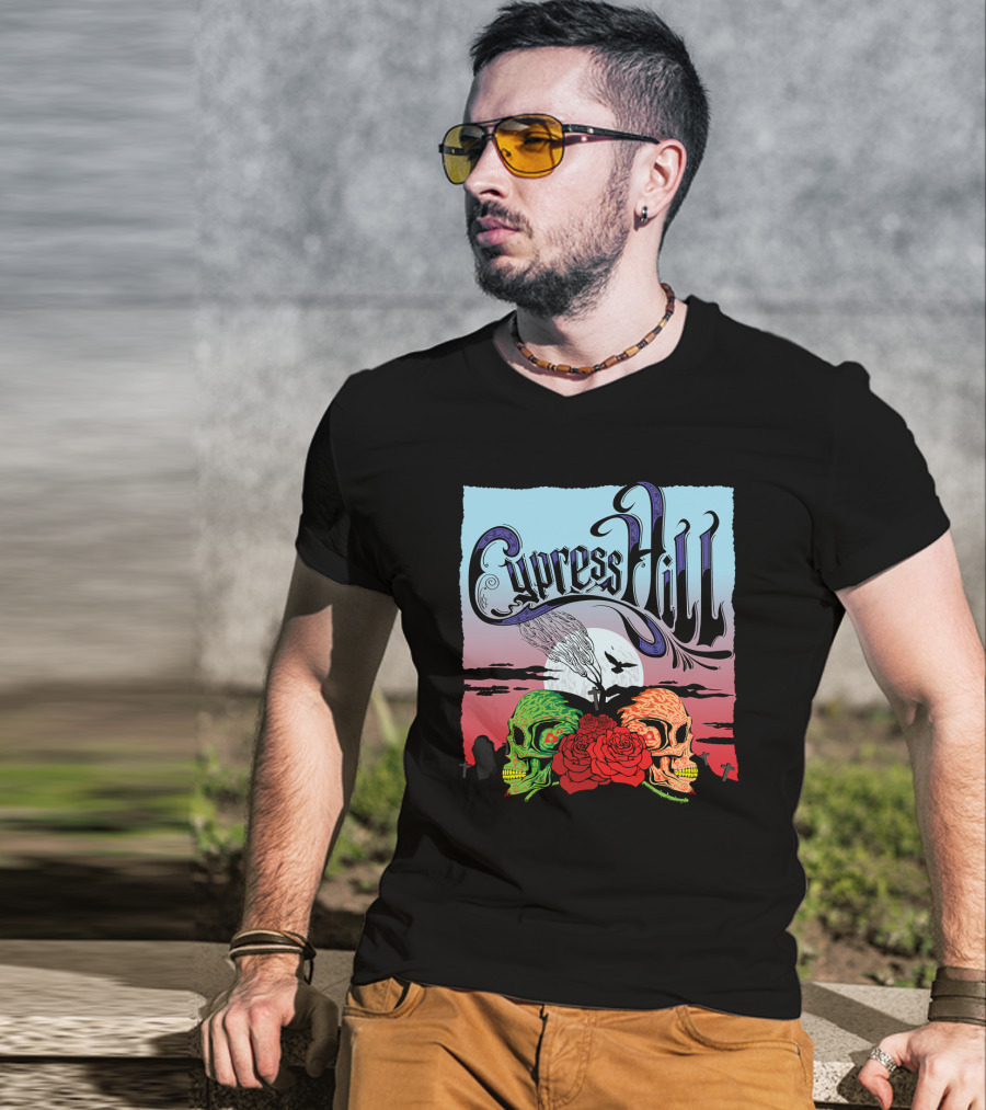 Cypress Hill Two Skulls And Roses With Moon And Raven T-Shirt