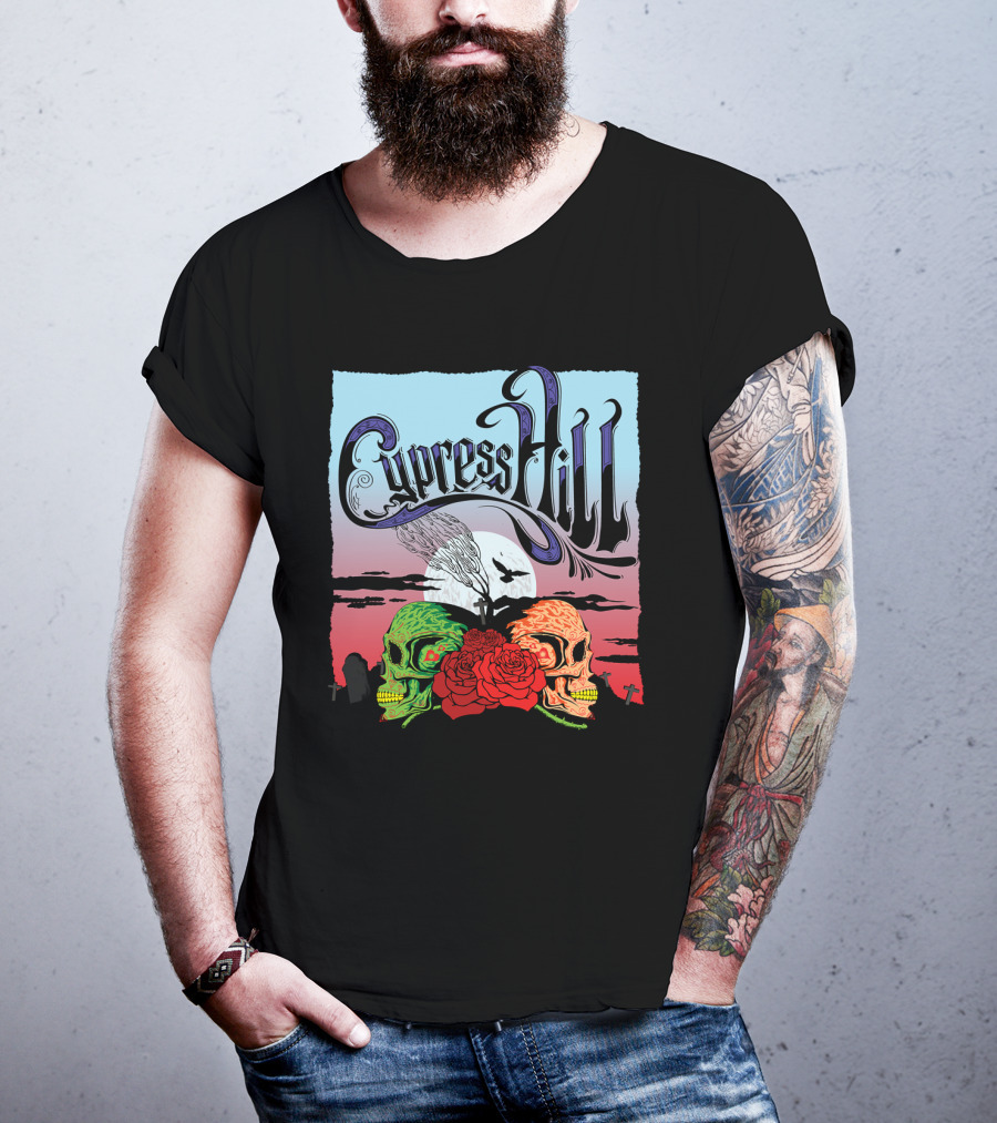 Cypress Hill Two Skulls And Roses With Moon And Raven T-Shirt