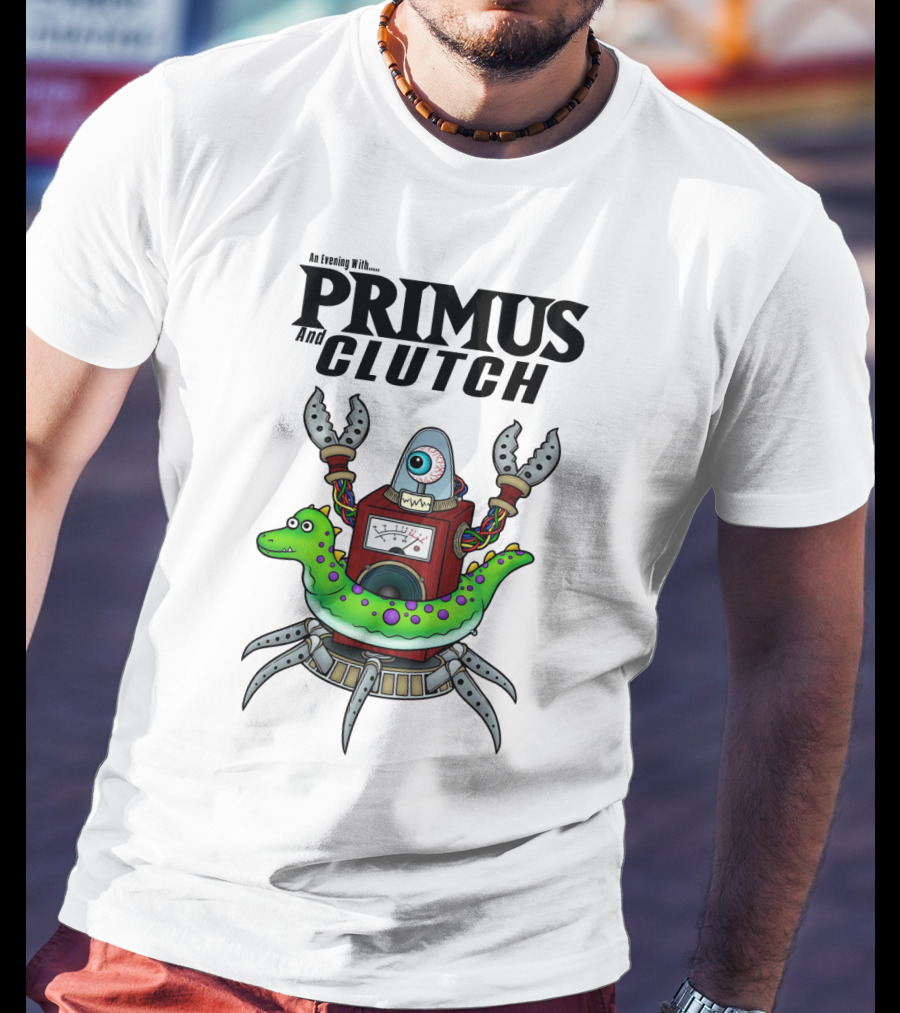An Evening With Primus And Clutch Robot Monster With Alligator Alien Creature T-Shirt