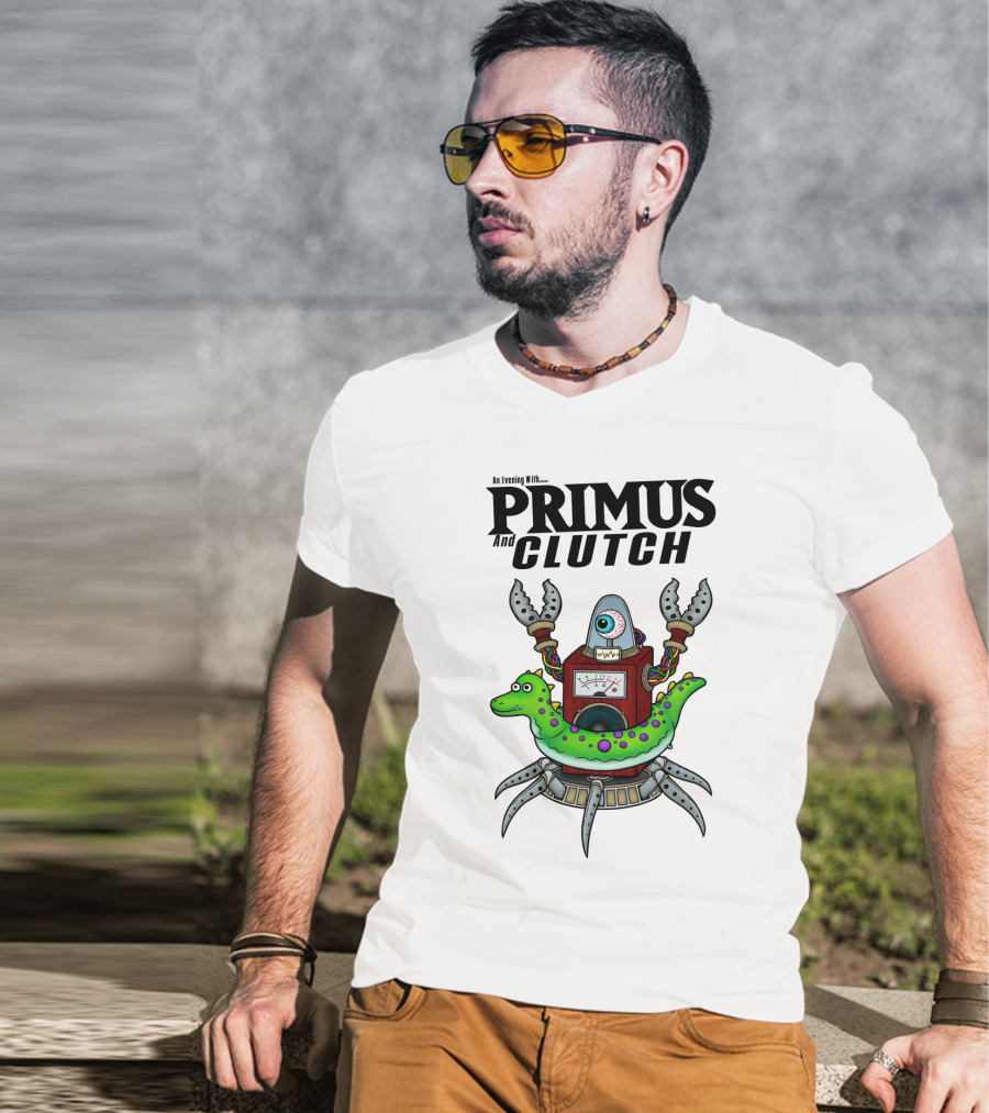 An Evening With Primus And Clutch Robot Monster With Alligator Alien Creature T-Shirt