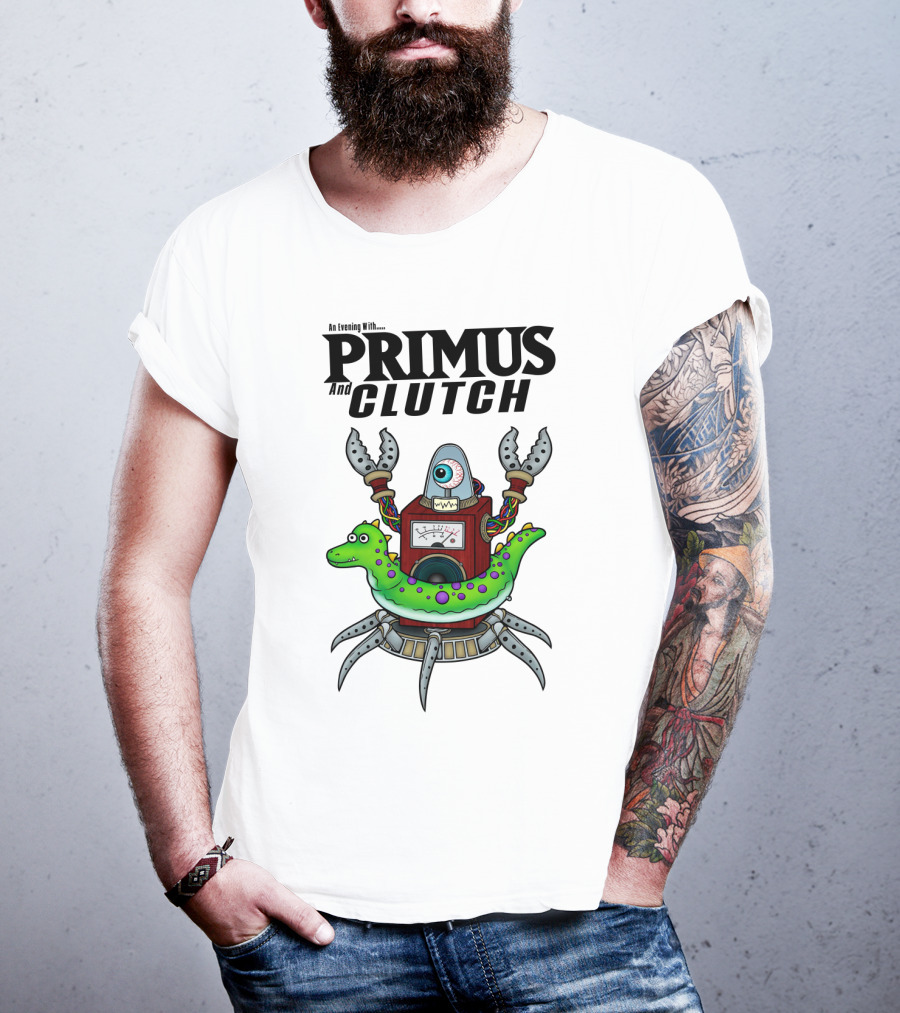 An Evening With Primus And Clutch Robot Monster With Alligator Alien Creature T-Shirt