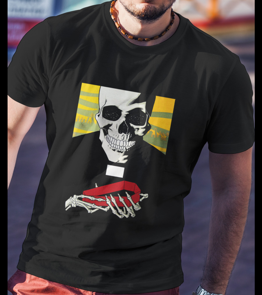 Bold Skeleton With Red Coffin On Striped Yellow T-Shirt