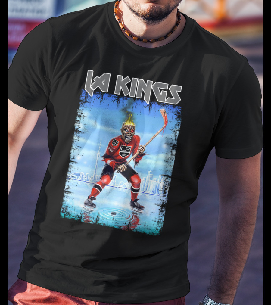 La Kings Fiery Hockey Player With Skyscraper T-Shirt