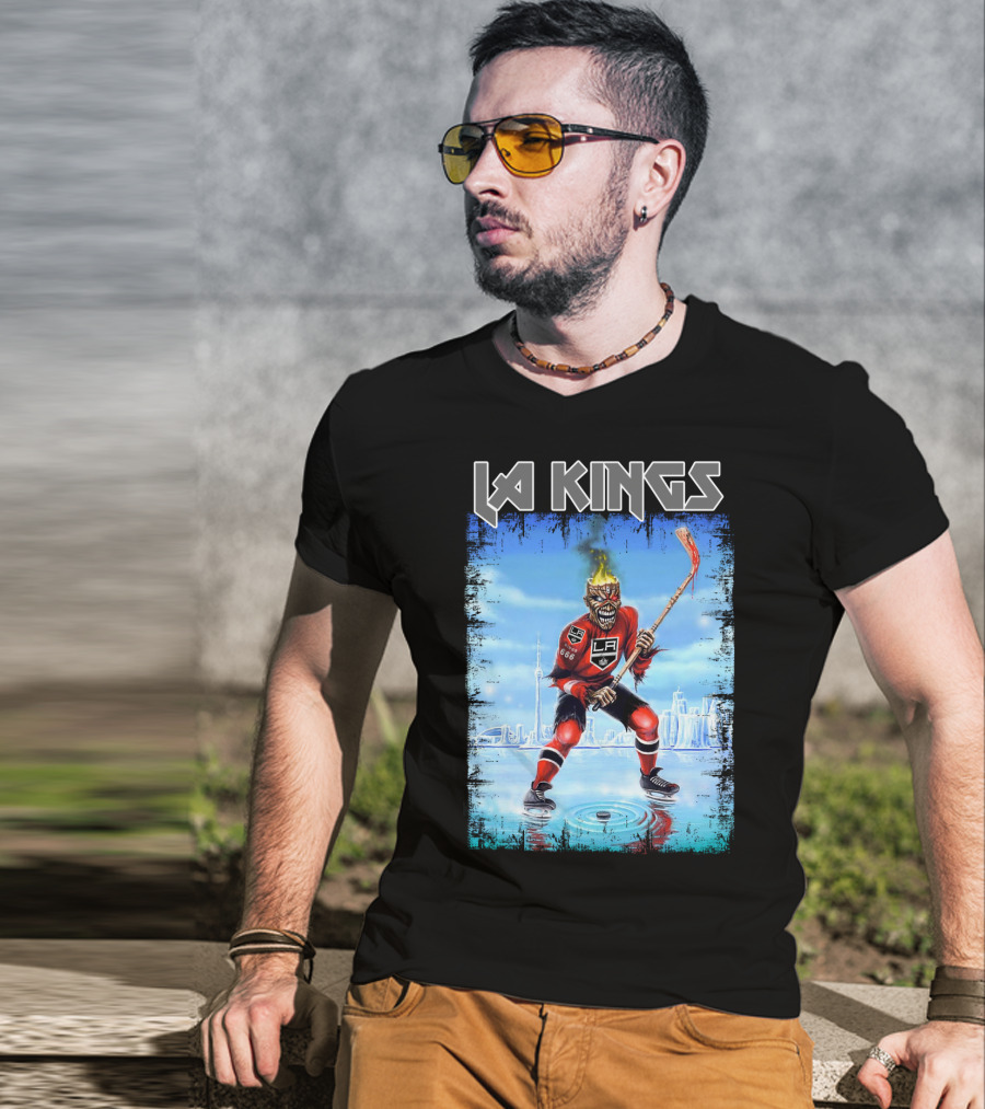 La Kings Fiery Hockey Player With Skyscraper T-Shirt