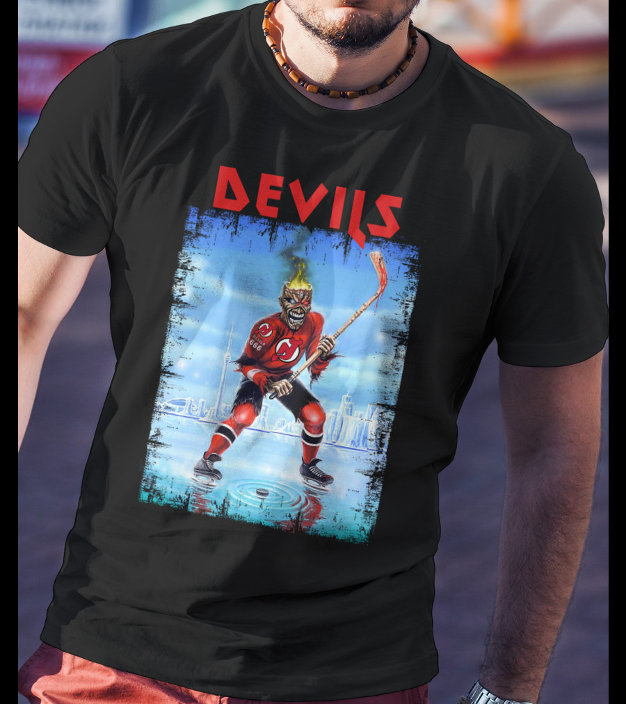 New Jersey Devils Hockey Fiery Demon Skater 666 City Skyline T-Shirt