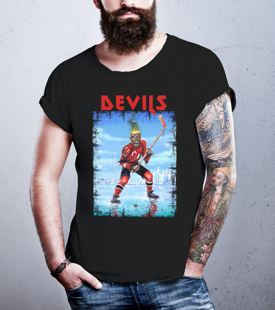 New Jersey Devils Hockey Fiery Demon Skater 666 City Skyline T-Shirt