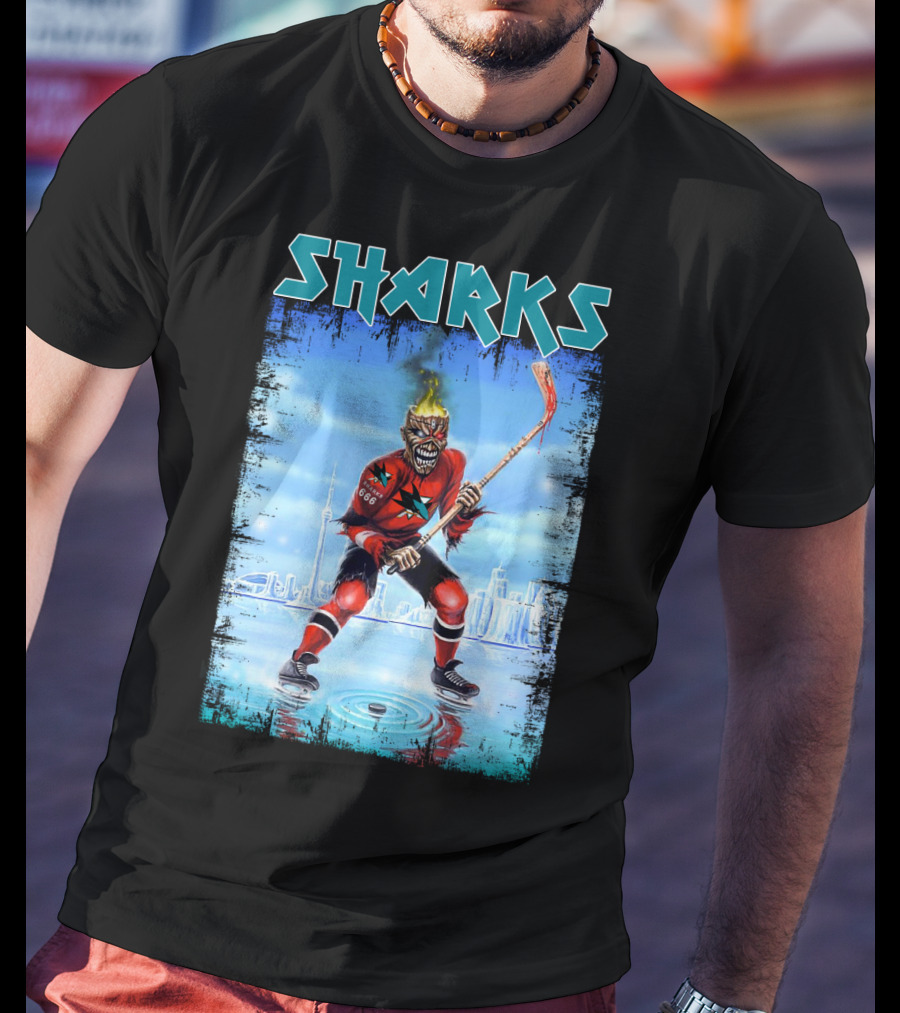 Sharks Hockey Fiery Skeleton Player On Ice T-Shirt