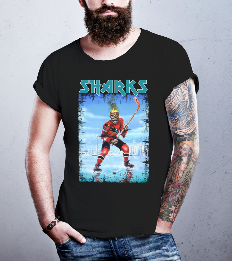 Sharks Hockey Fiery Skeleton Player On Ice T-Shirt