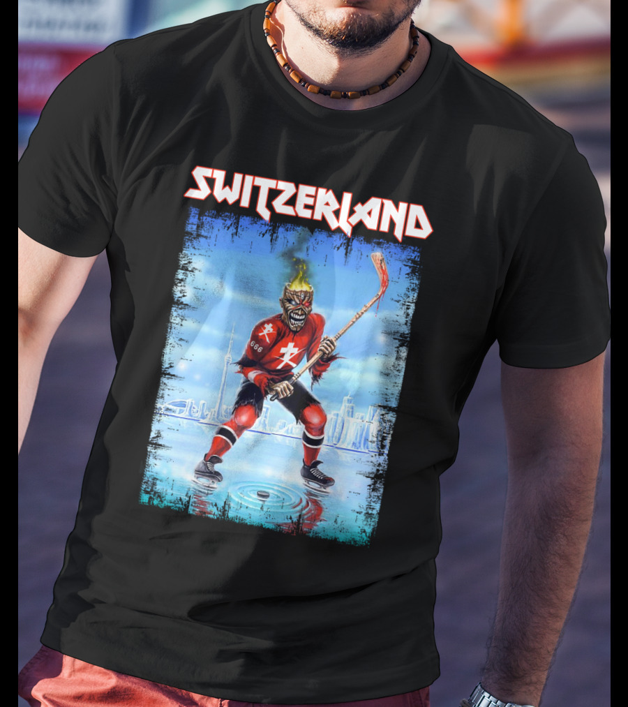 Switzerland Ice Hockey Skeleton With Flaming Head And Hockey Stick 666 Red Uniform Urban Ice Rink T-Shirt