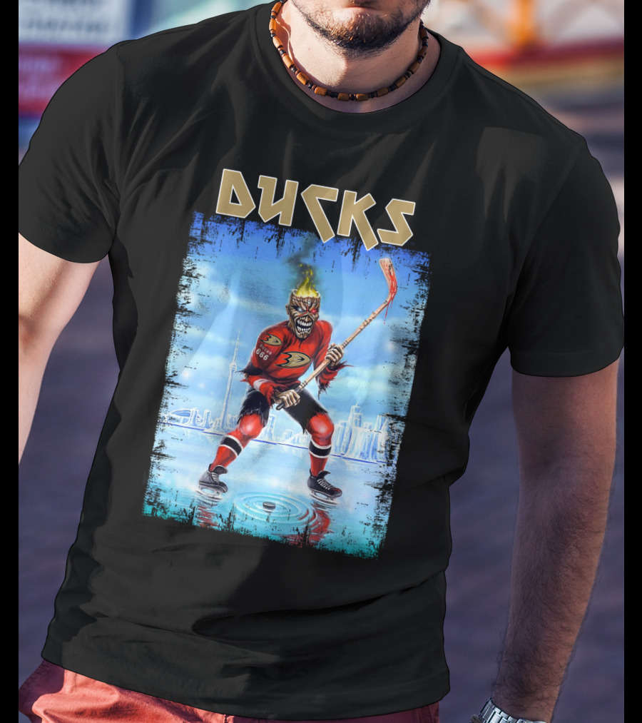 Ducks Hockey Player With Skeleton Face And Flaming Hair In Red Jersey T-Shirt