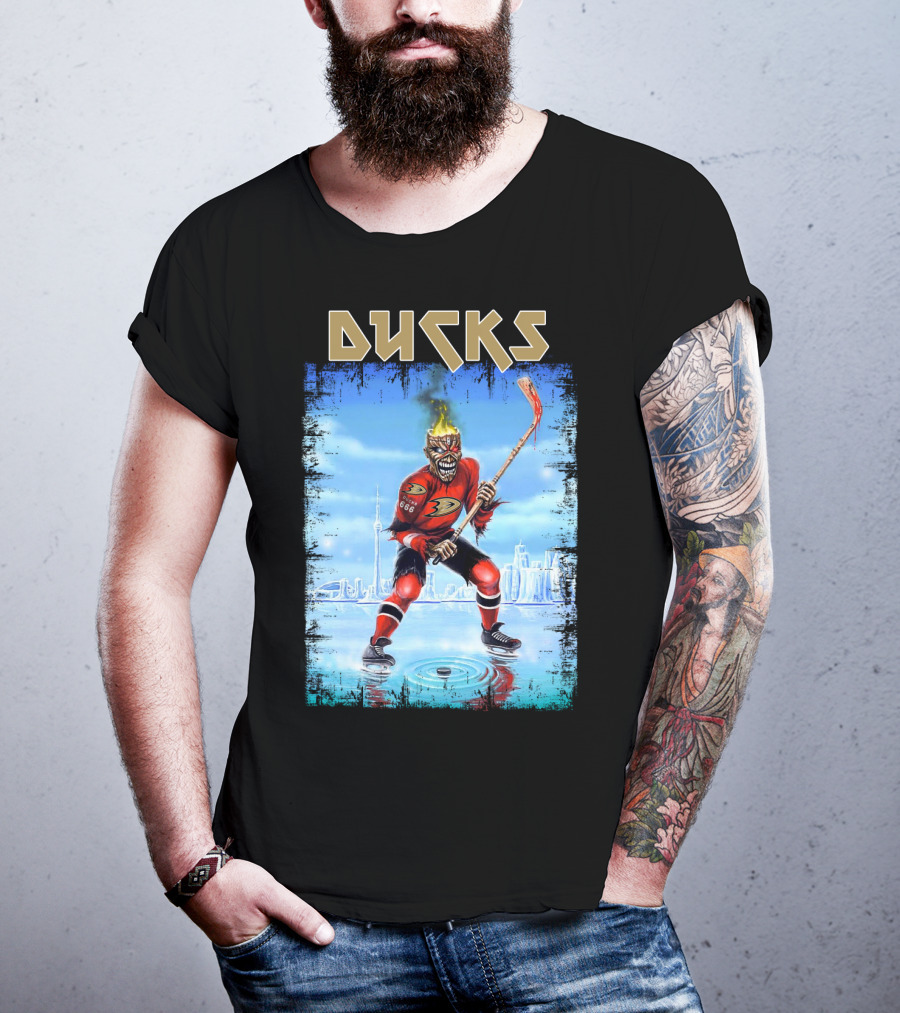 Ducks Hockey Player With Skeleton Face And Flaming Hair In Red Jersey T-Shirt