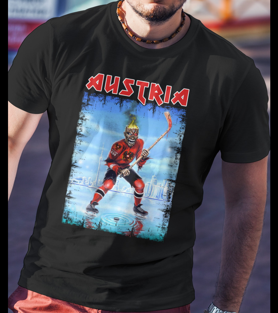Austria Hockey Skeleton With Red And Black Flames And Vienna Skyline T-Shirt
