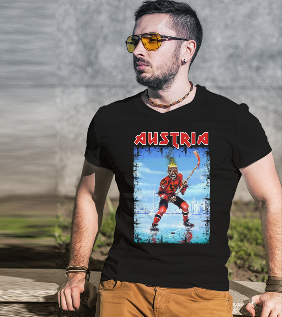 Austria Hockey Skeleton With Red And Black Flames And Vienna Skyline T-Shirt