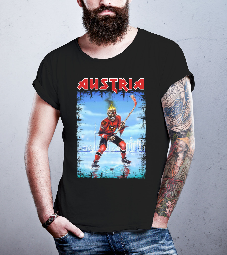 Austria Hockey Skeleton With Red And Black Flames And Vienna Skyline T-Shirt