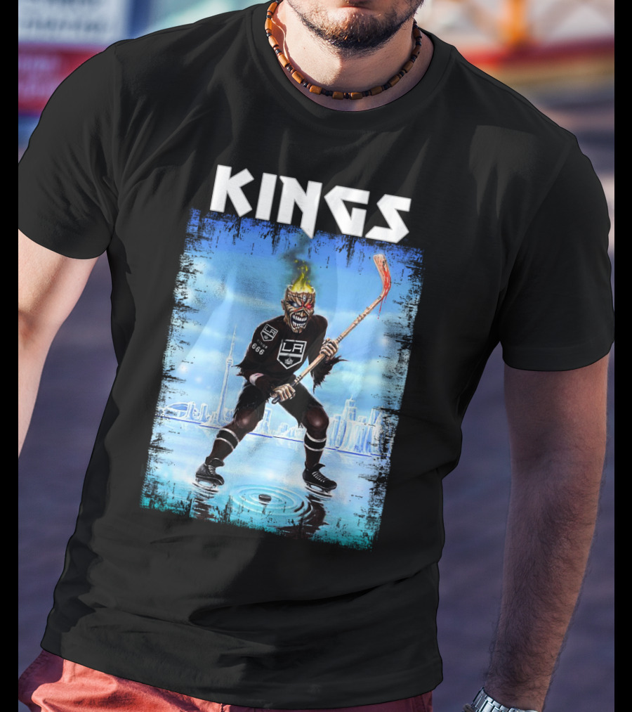 Kings Los Angeles Hockey Fiery Skull Player Ice Skating Scene T-Shirt