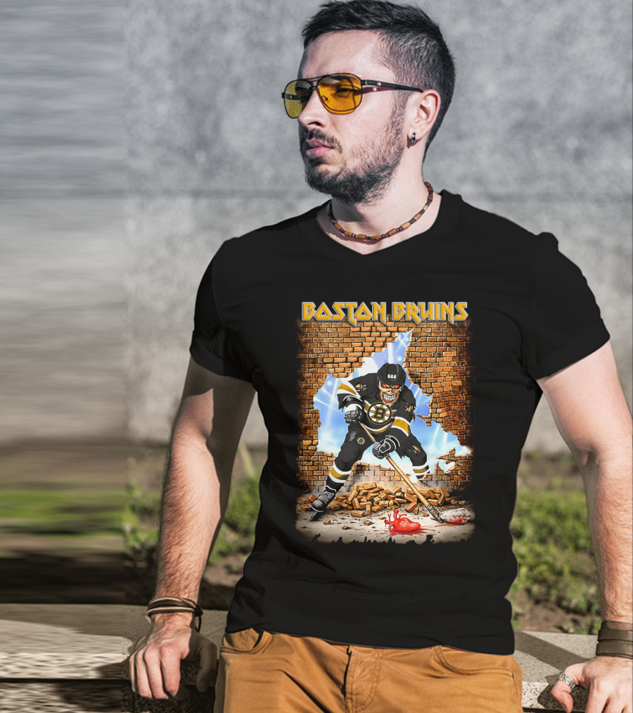 Boston Bruins Skeleton Hockey Player Breaking Through Wall T-Shirt