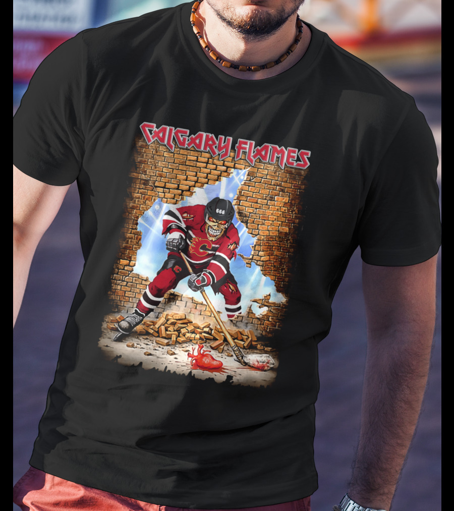 Calgary Flames Skeleton Hockey Player Breaking Through Wall T-Shirt