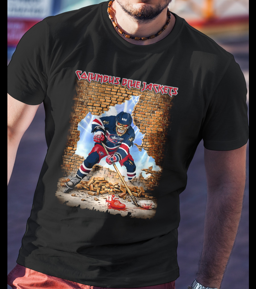 Columbus Blue Jackets Breaking Through Hockey Skeleton T-Shirt