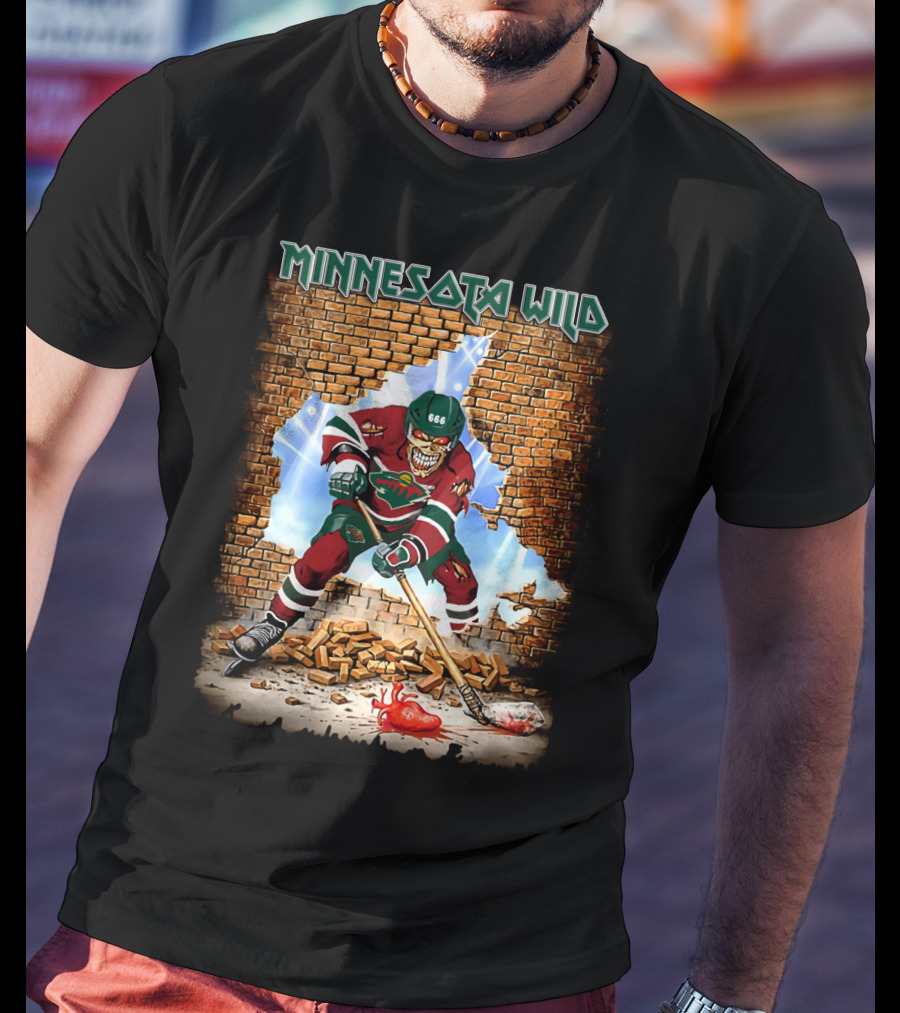 Minnesota Wild Hockey Player Breaking Through Brick Wall With Heart And Puck T-Shirt