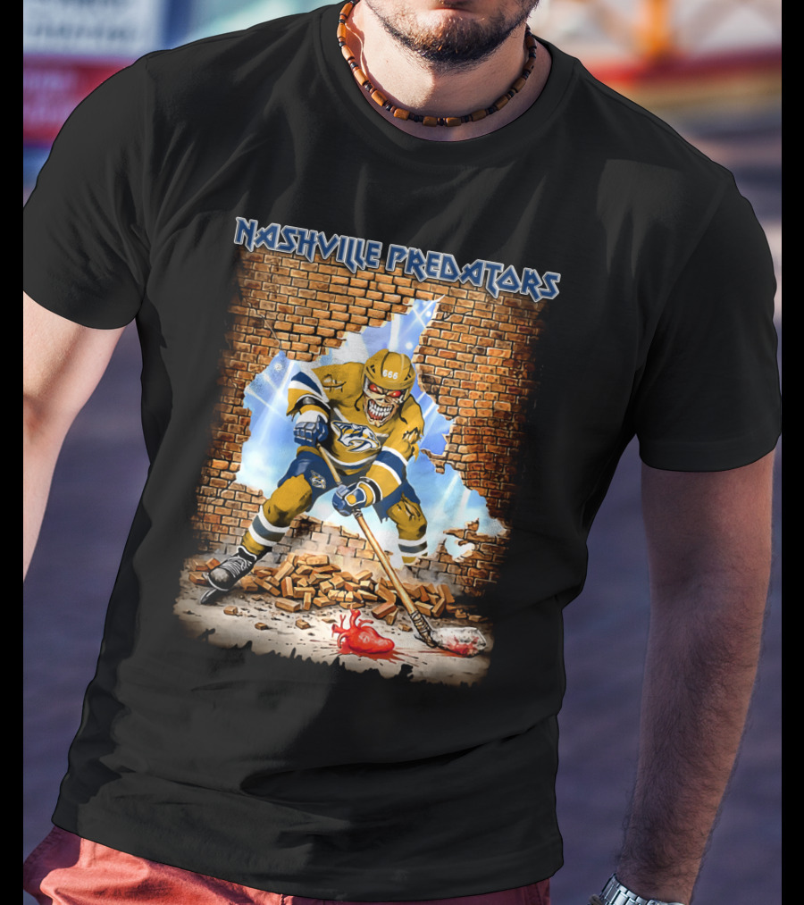 Nashville Predators Hockey Player Smashing Through Brick Wall With Heart And Lightning T-Shirt
