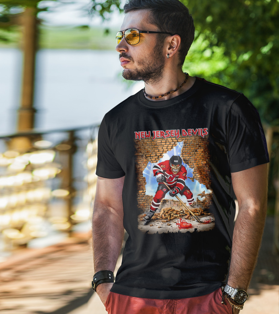 New Jersey Devils Hockey Skeleton Breaking Through Brick Wall T-Shirt