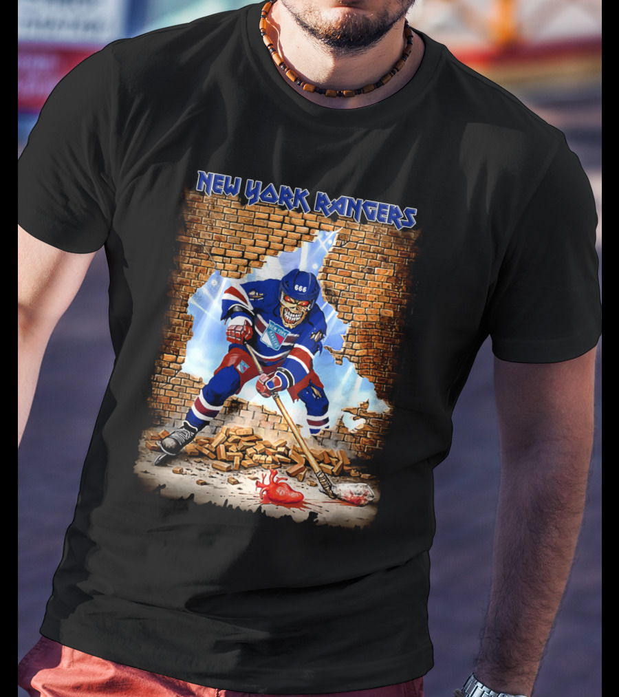 New York Rangers Hockey Skeleton Breaking Through Wall T-Shirt