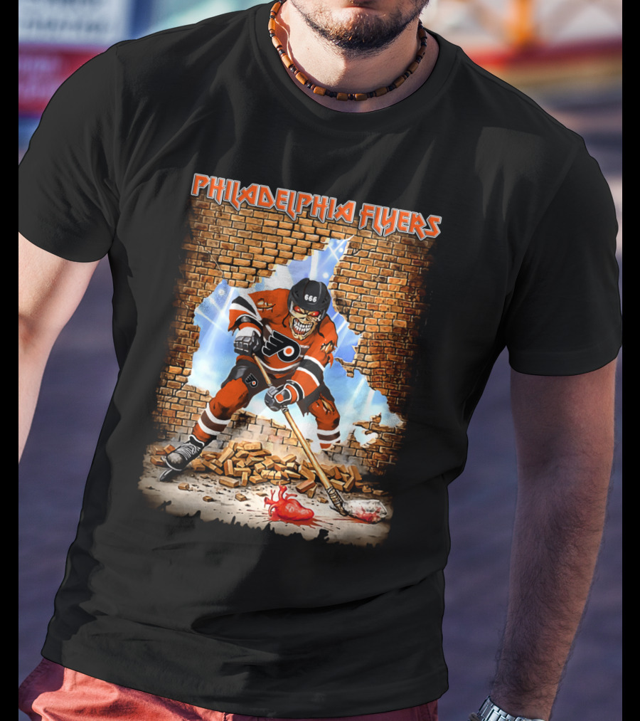 Philadelphia Flyers Skeleton Hockey Player Breaking Wall T-Shirt