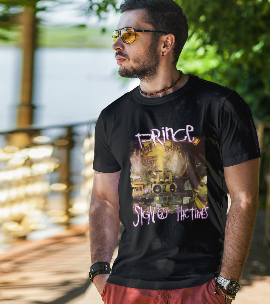 Prince Sign O The Times Album Cover Art With Musical Instruments And Stage Visuals T-Shirt